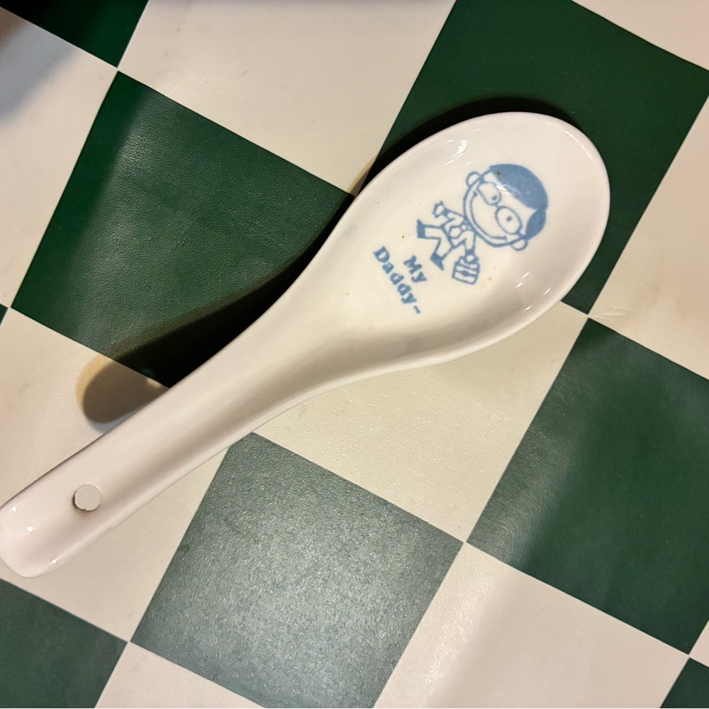 White Soup Spoon with Blue Cartoon Design